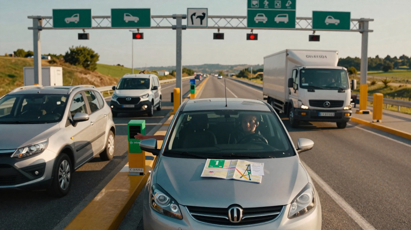 Carros e caminhões parados em pedágio com semáforo vermelho em estrada sob céu claro.