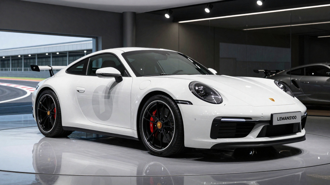Carro esportivo branco Porsche 911 GT3 exibido em showroom moderno com pista de corrida ao fundo.