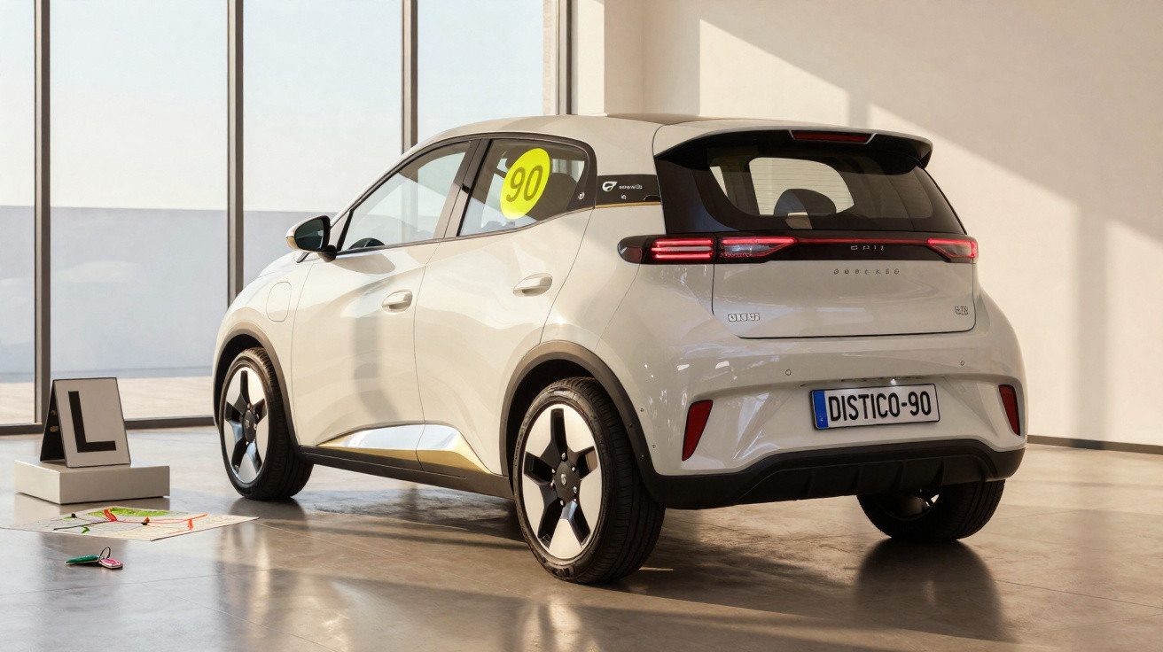 Carro elétrico branco estacionado em ambiente interno com placa personalizada DISTICO-90 e adesivo amarelo no vidro.
