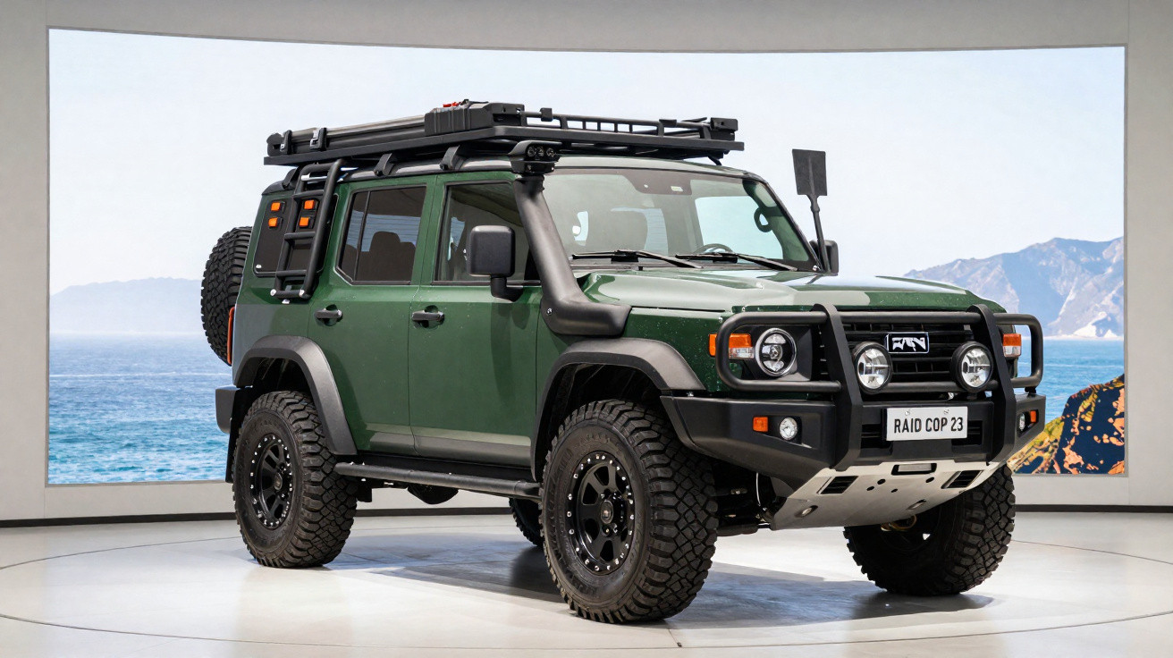 SUV verde oliva com pneus grandes, snorkel, grade protetora frontal e bagageiro no teto em exposição.