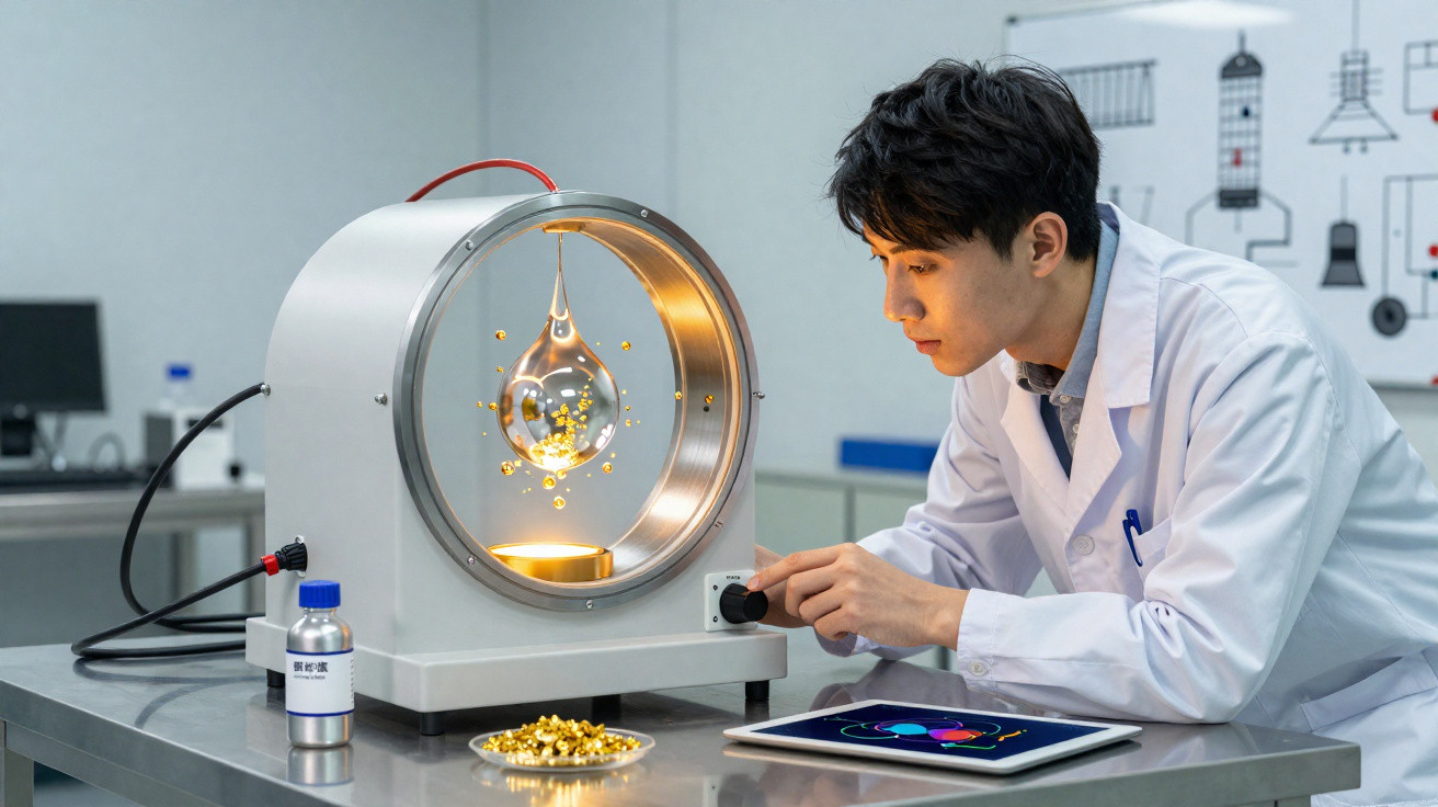 Homem em jaleco observa máquina científica com gotas douradas em laboratório moderno.