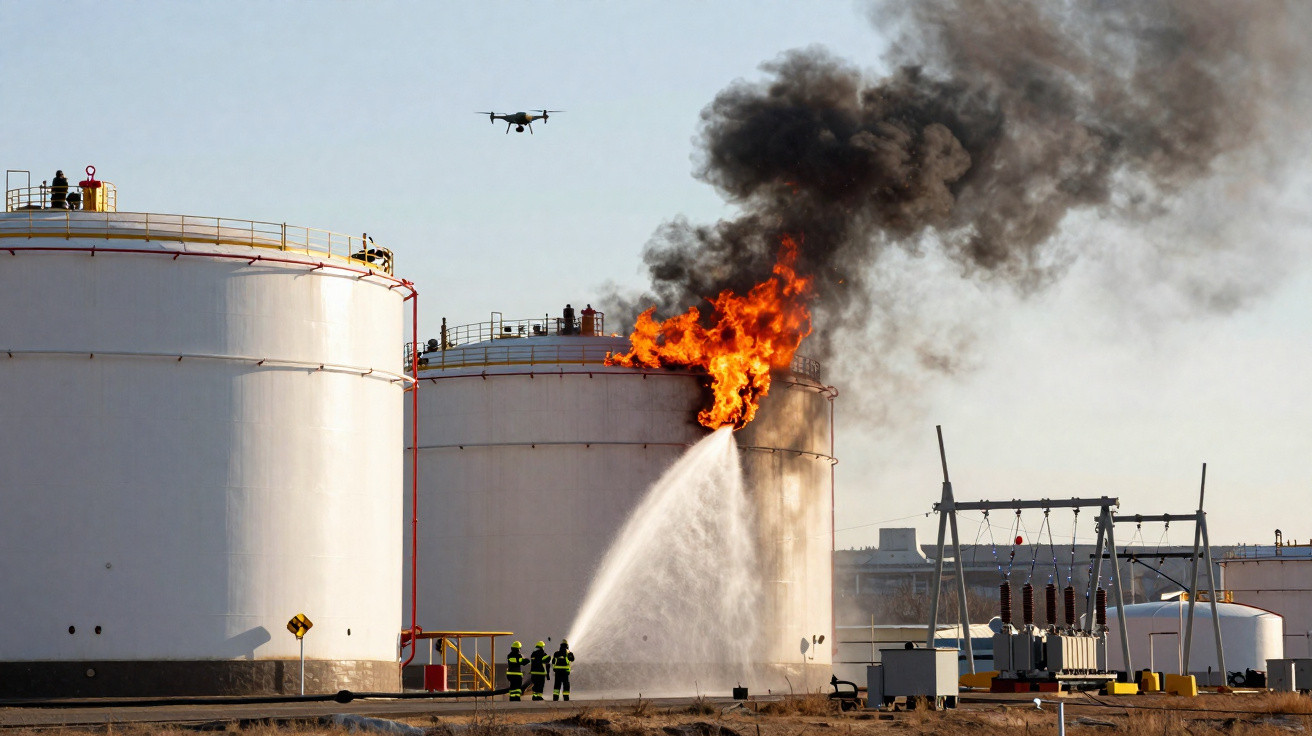 Tanque industrial em chamas com bombeiros combatendo fogo e drone sobrevoando na cena.