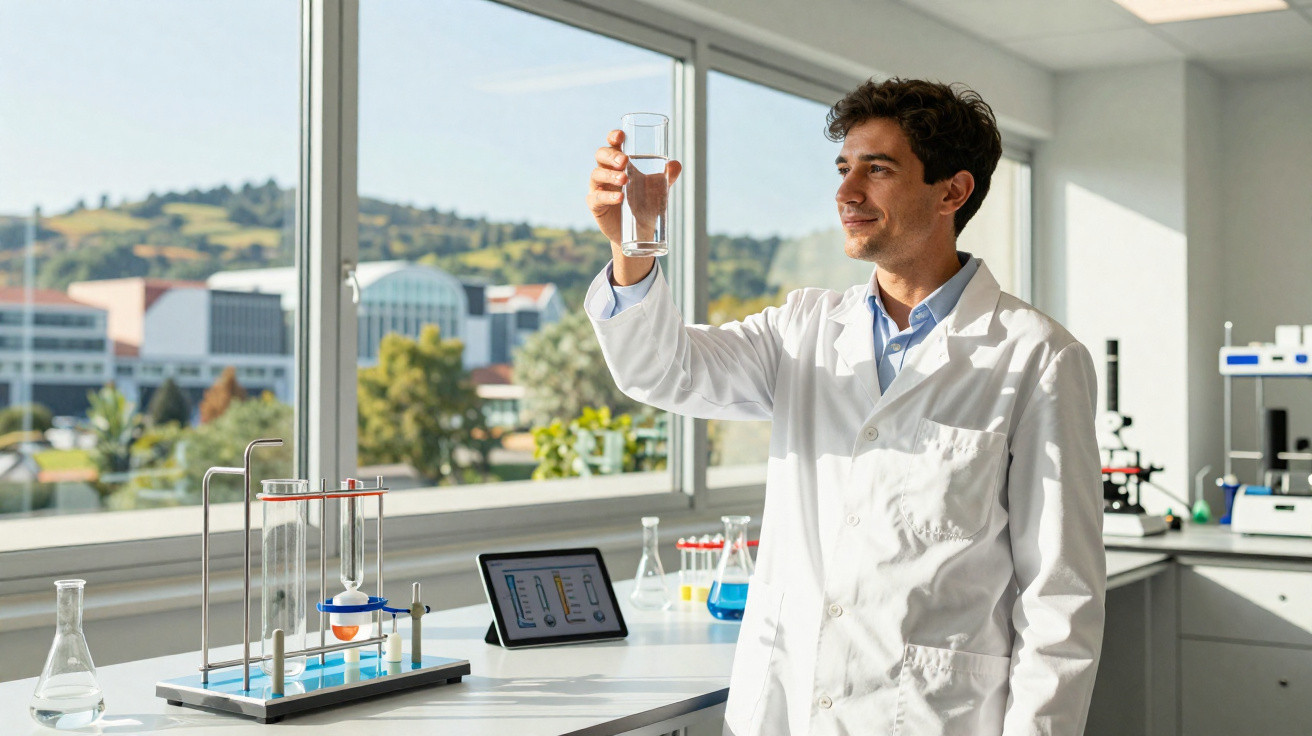 Cientista em laboratório segurando copo de vidro transparente com líquido claro, olhando atentamente.