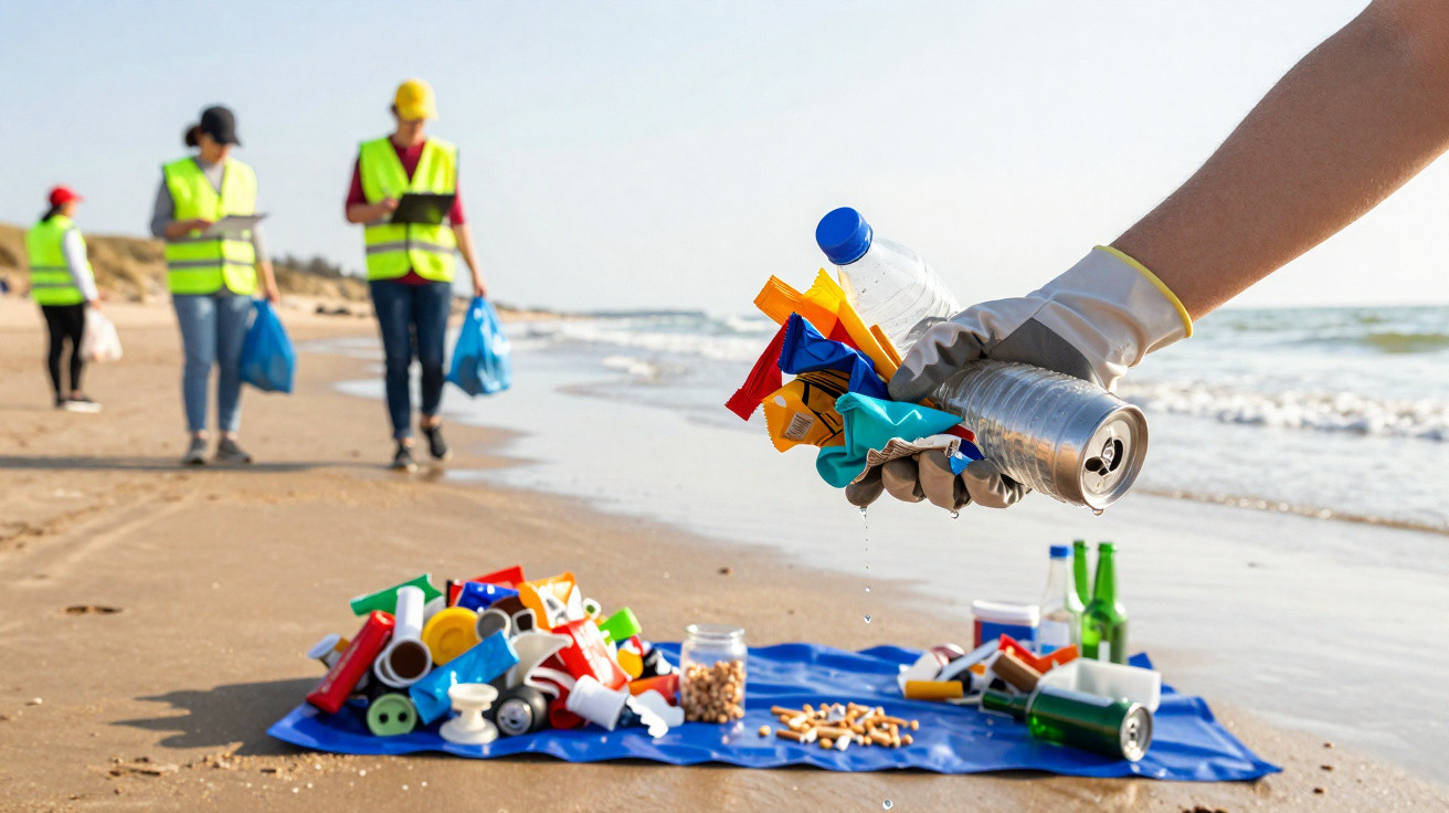 Mão com luva segura lixo recolhido na praia, com grupo ao fundo fazendo limpeza e lixo separado em lona azul.