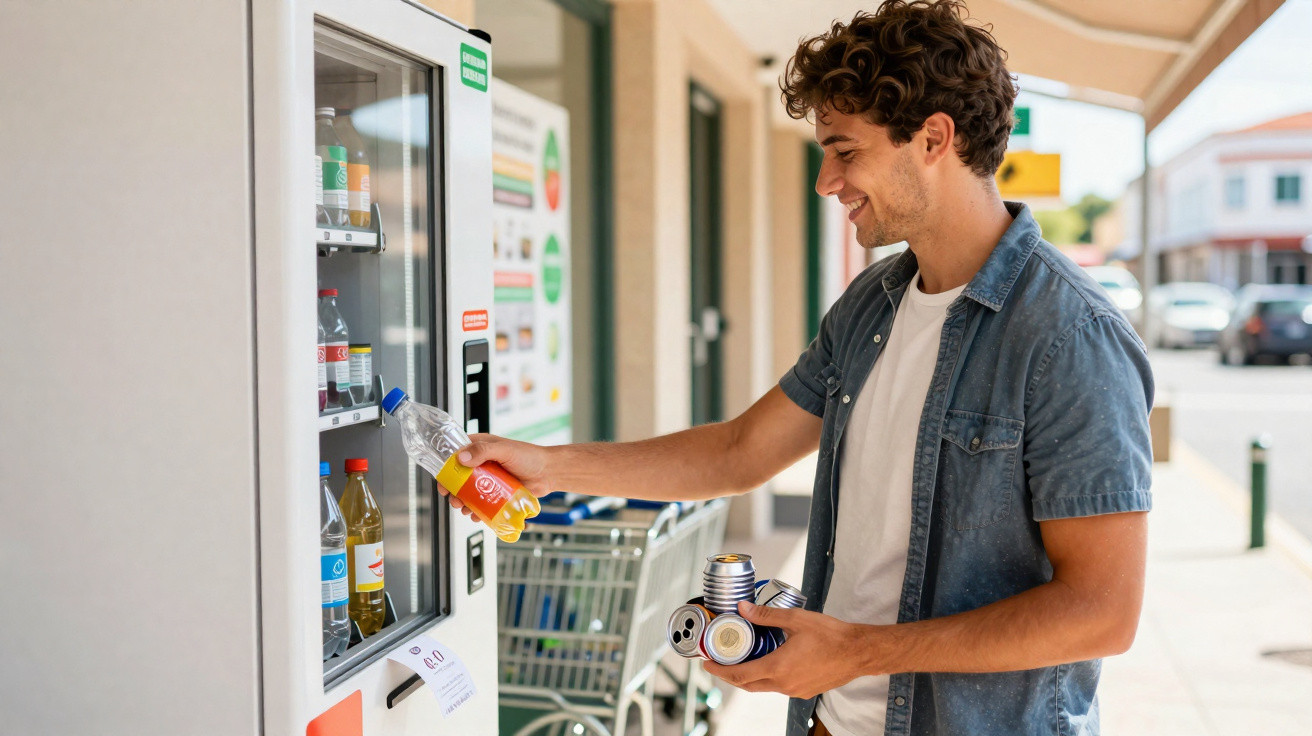 Homem sorridente usando máquina de venda automática ao ar livre, segurando latas e garrafa de refrigerante.