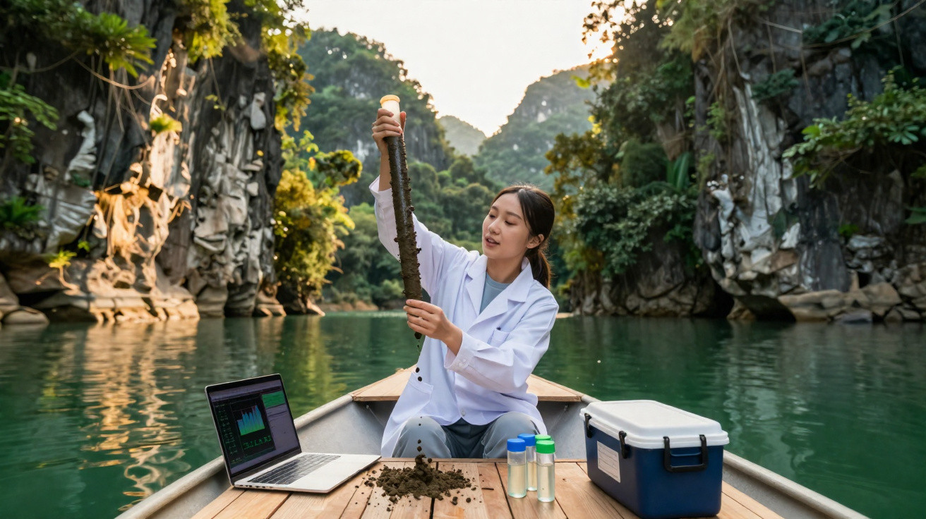 Mulher cientista analisa amostra de solo em barco cercado por natureza e penhascos em rio calmo.