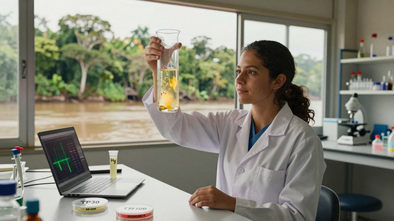 Mulher cientista analisando líquido em laboratório com janela para paisagem natural ao fundo.