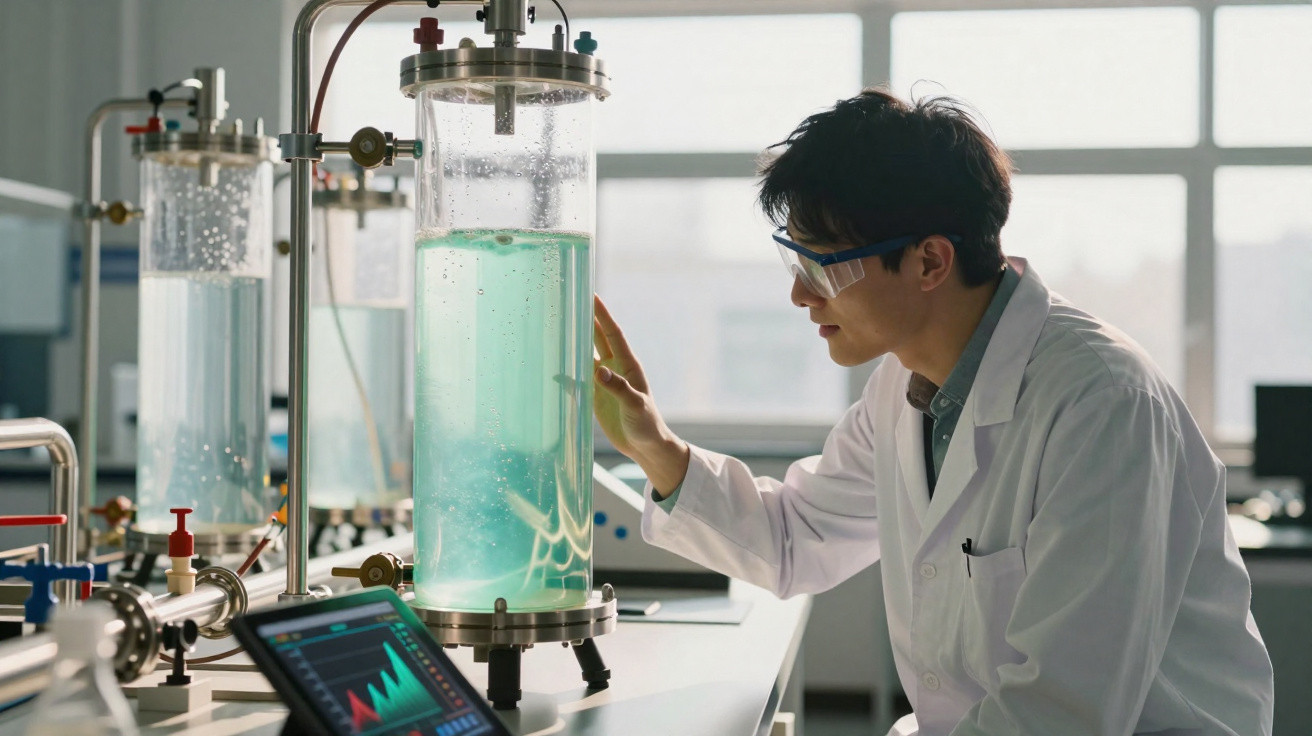 Cientista em laboratório observa equipamento com líquido azul borbulhando, usando jaleco e óculos de proteção.