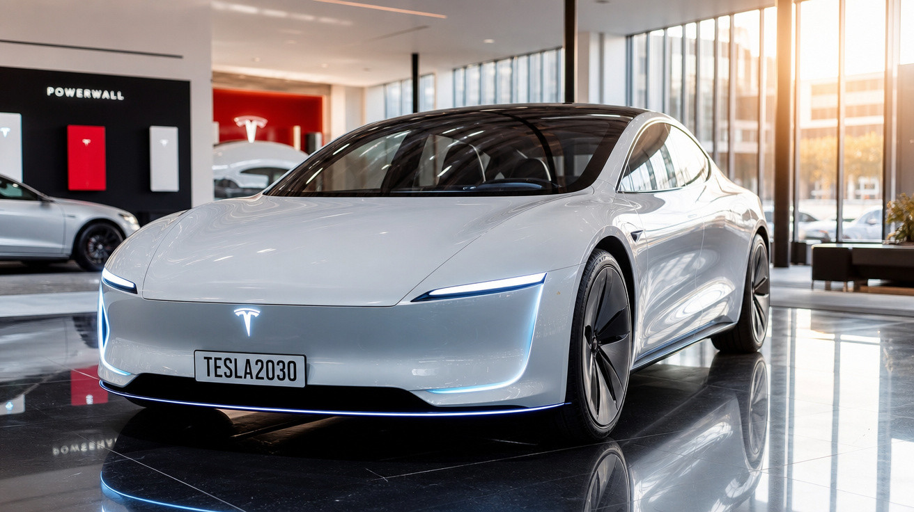 Carro elétrico Tesla branco exibido em showroom moderno com luz natural entrando pelas janelas grandes.