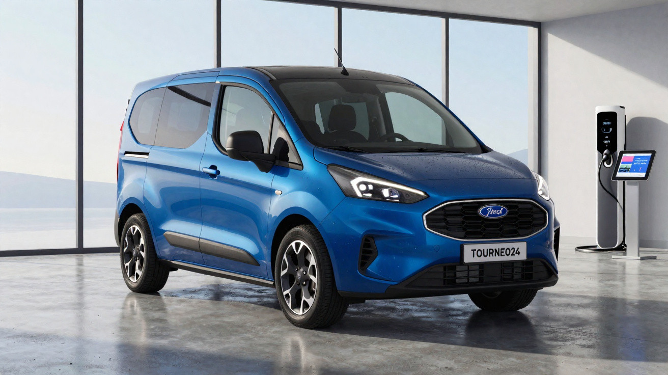 Carro elétrico azul Ford Tourneo em ambiente interno moderno com estação de carregamento ao fundo.