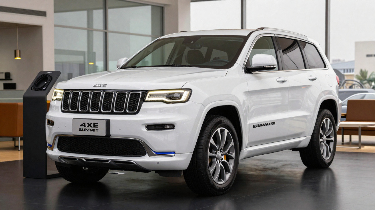 SUV Jeep Summit 4XE branco exibido em showroom moderno.