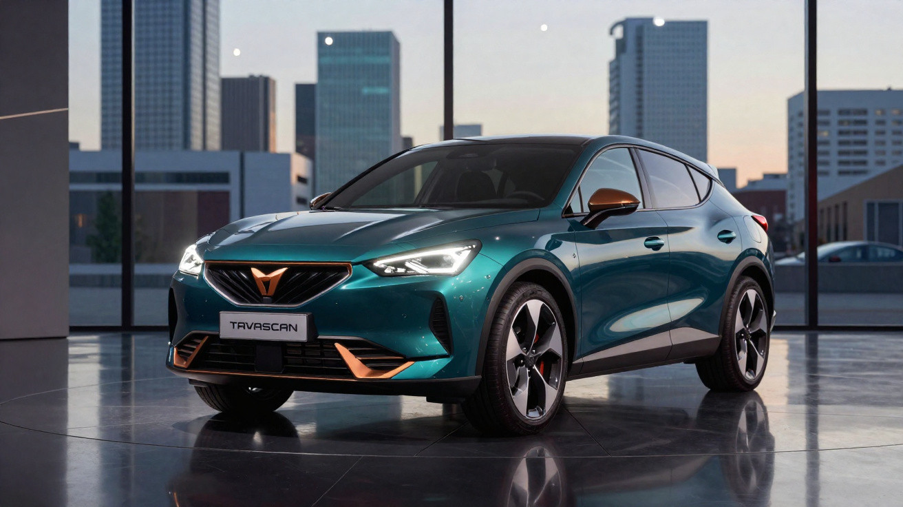 Carro elétrico cupê esportivo azul com detalhes em cobre em showroom moderno com vista urbana ao fundo.