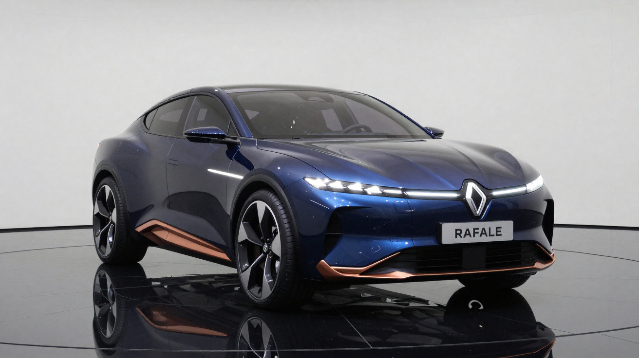 Carro elétrico esportivo azul Renault Rafale em exposição com detalhes em bronze e rodas grandes.