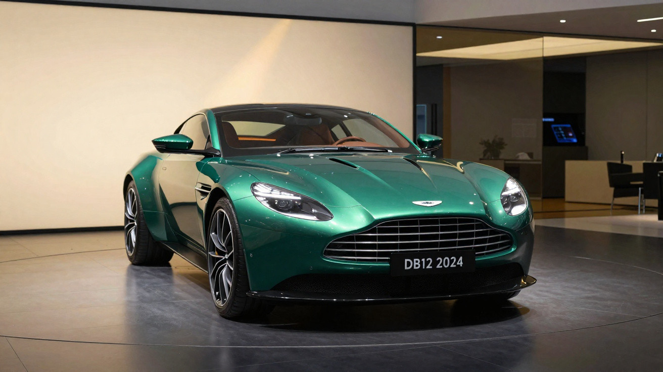 Carro esportivo Aston Martin DB12 verde exibido em ambiente interno moderno e iluminado.