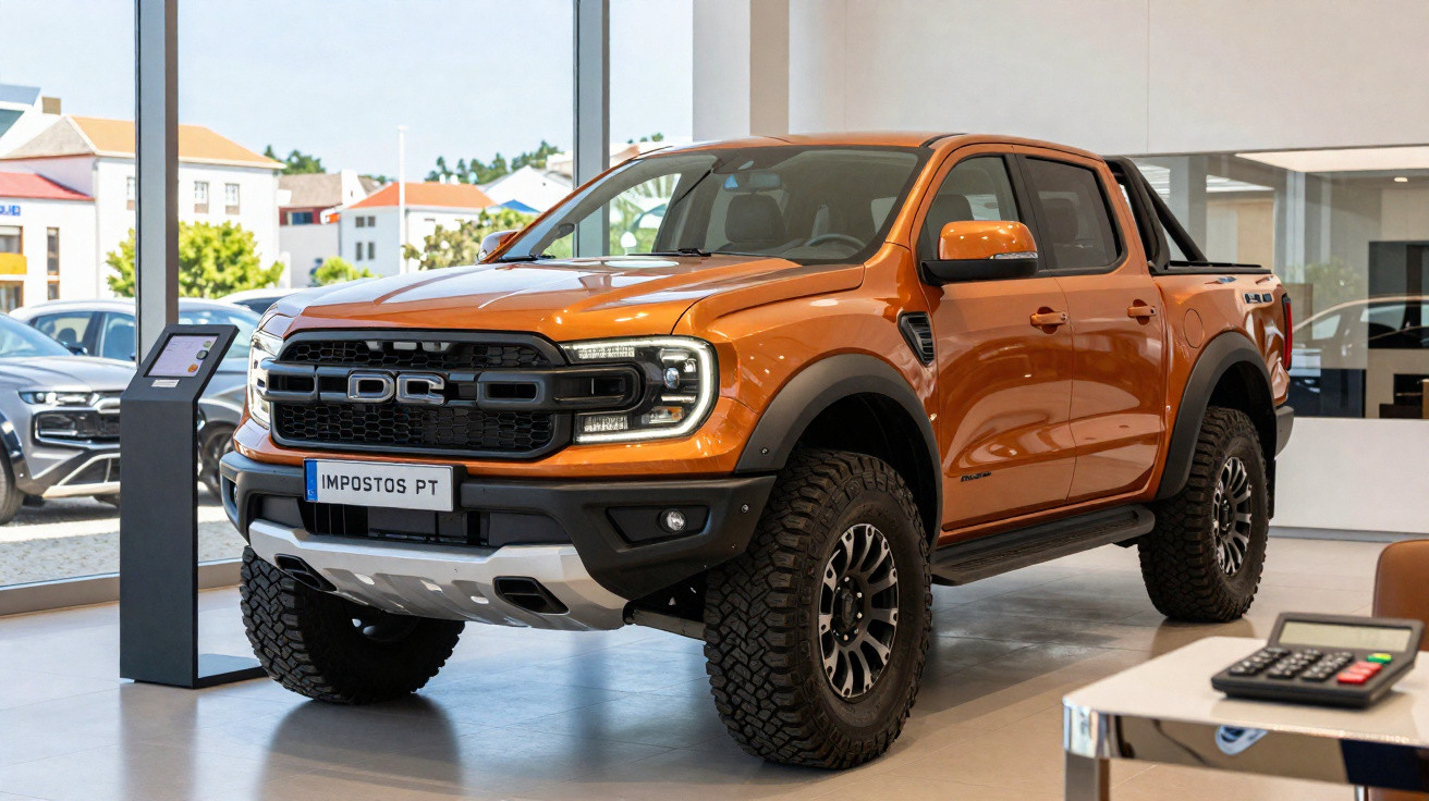 Picape DCD laranja exibida em showroom com pneus robustos e faróis modernos.