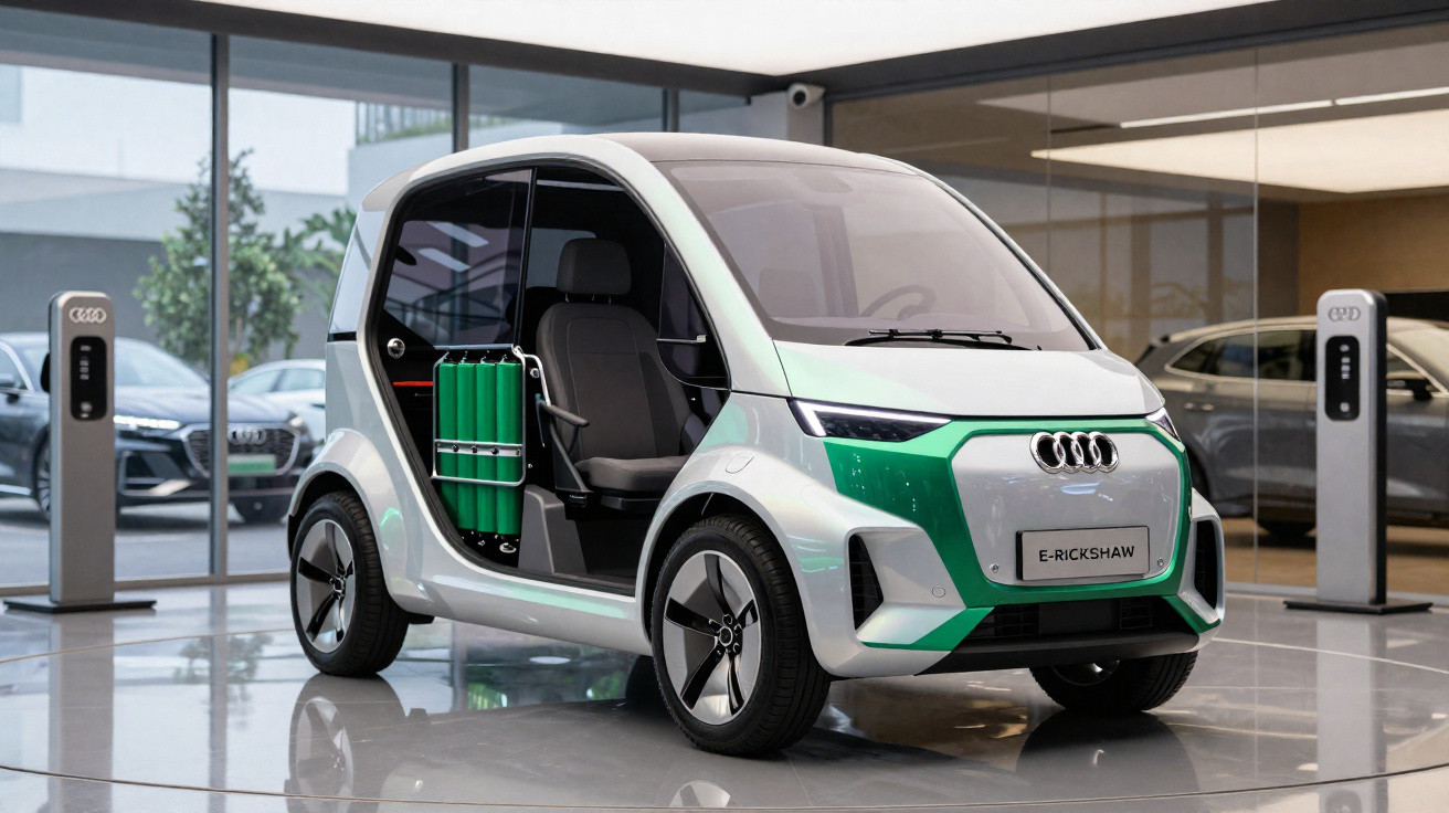 Veículo compacto elétrico Audi E-Rickshaw com cilindros verdes visíveis, em showroom moderno.