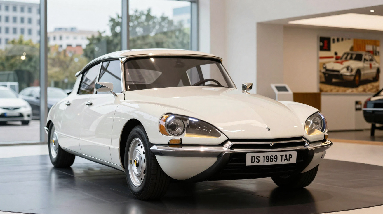 Carro clássico Citroën DS 1969 branco exposto em museu com grandes janelas ao fundo.