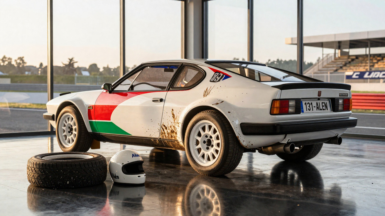 Carro de corrida branco com faixas vermelha e verde, pneus, capacete e marcas de lama em piso brilhante.