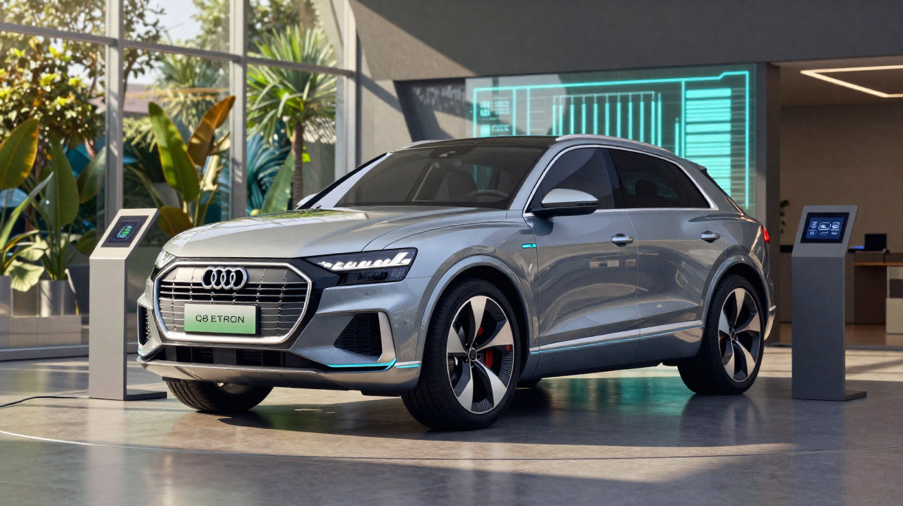 Audi Q8 e-tron cinza estacionado em showroom moderno com tela digital ao fundo.