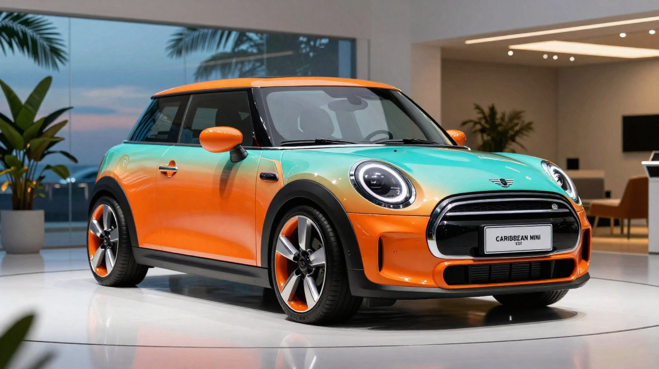 Carro Mini Cooper dois tons laranja e verde em exposição interna moderna com plantas ao fundo.