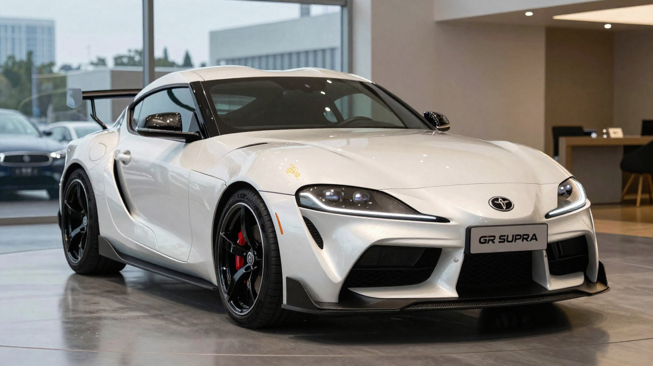 Carro esportivo branco Toyota GR Supra estacionado em showroom moderno com janelas grandes.