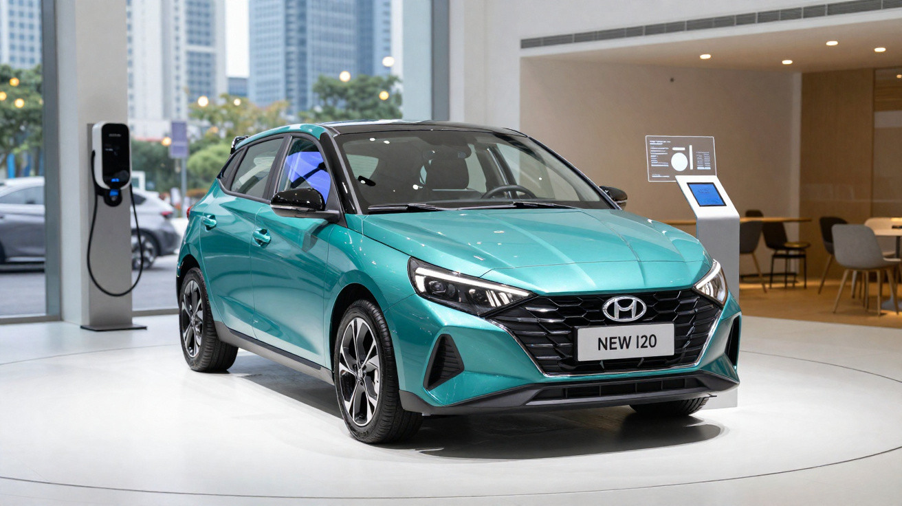 Carro Hyundai New i20 verde em exposição em showroom moderno com estação de carregamento elétrica ao fundo.