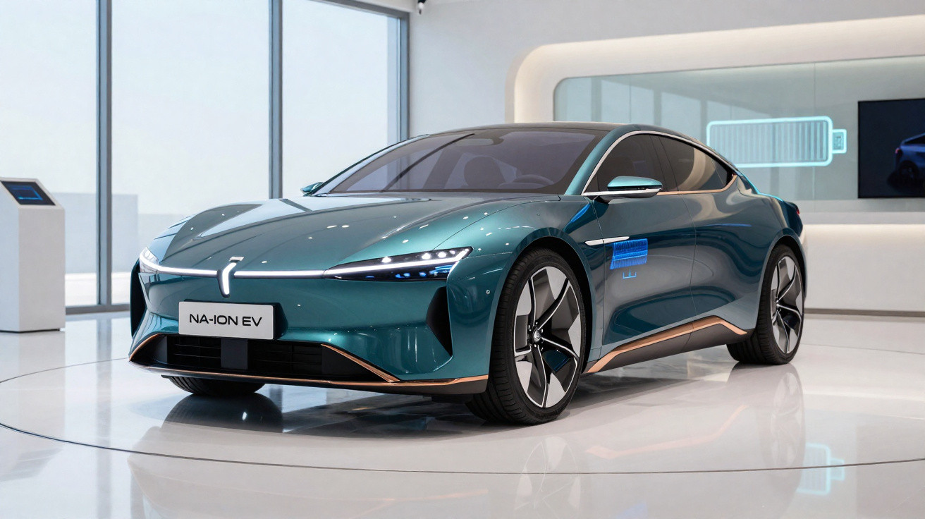 Carro elétrico esportivo azul em exposição em ambiente moderno com ícone de bateria ao fundo.