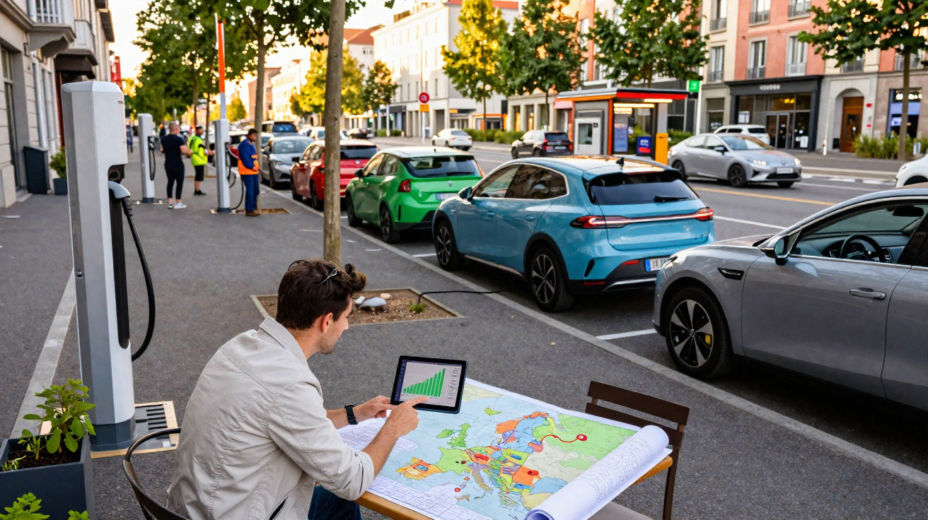 Homem sentado em mesa na calçada olhando mapa e tablet, com carros elétricos estacionados e carregando na rua.