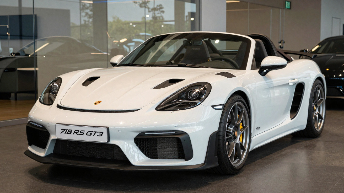 Esportivo conversível Porsche 718 RS GT3 branco em showroom moderno com piso cinza.