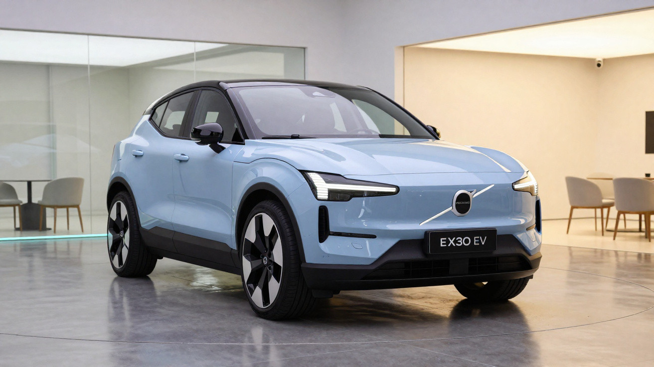 Carro elétrico Volvo EX30 EV azul claro em showroom moderno com piso cinza e paredes brancas.