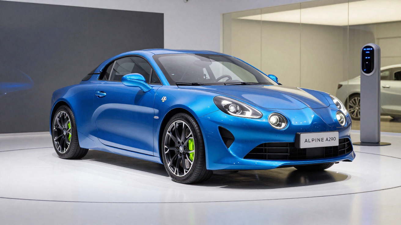 Carro esportivo azul Alpine A290 exposto em ambiente moderno com estação de carregamento elétrica ao lado.