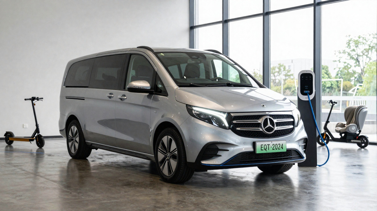 Van elétrica prata Mercedes-Benz EQT 2024 em carregador dentro de showroom moderno com janelas grandes.