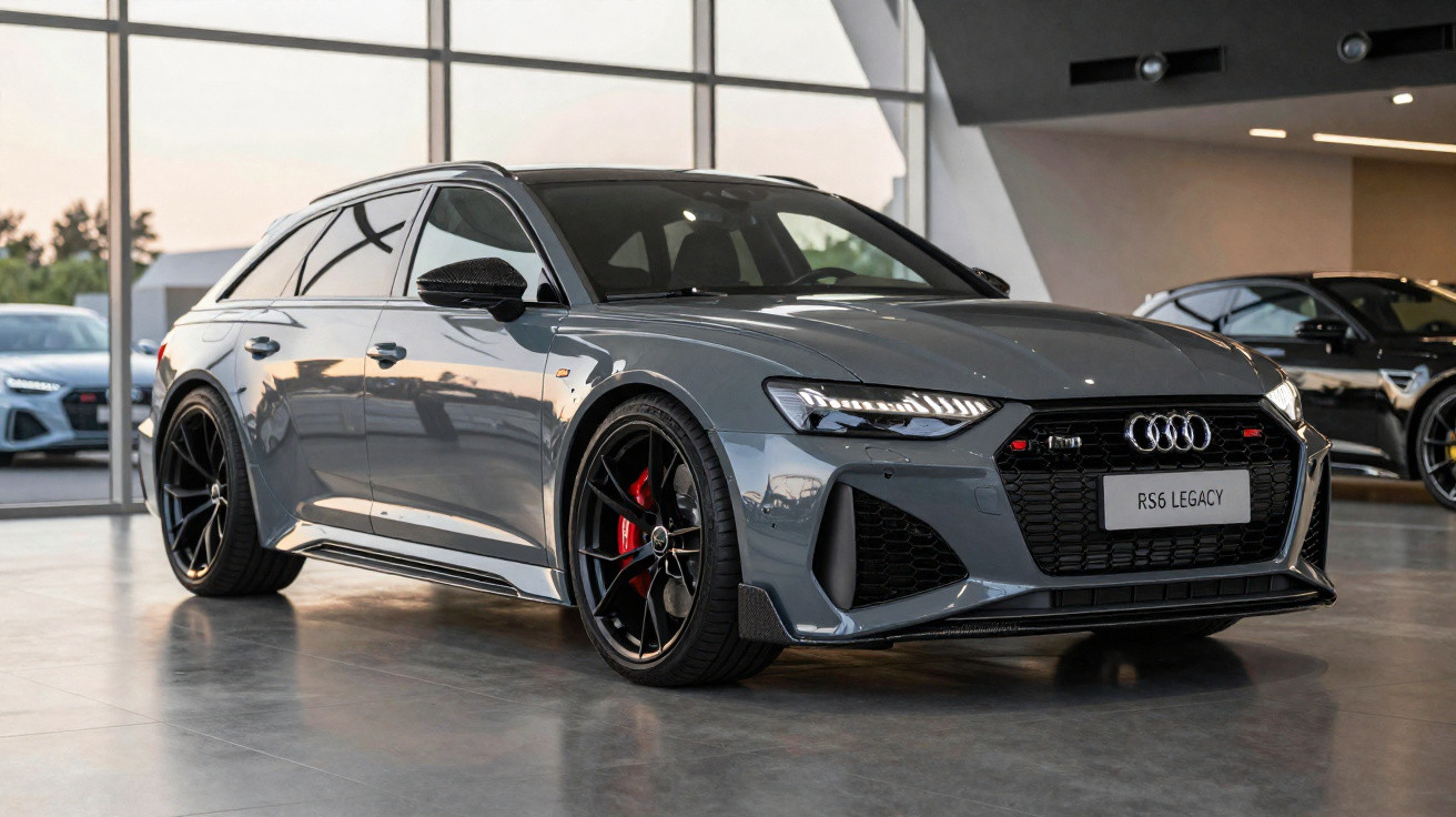 Carro Audi RS6 Legacy cinza estacionado em showroom moderno com luz natural e refletores no teto.