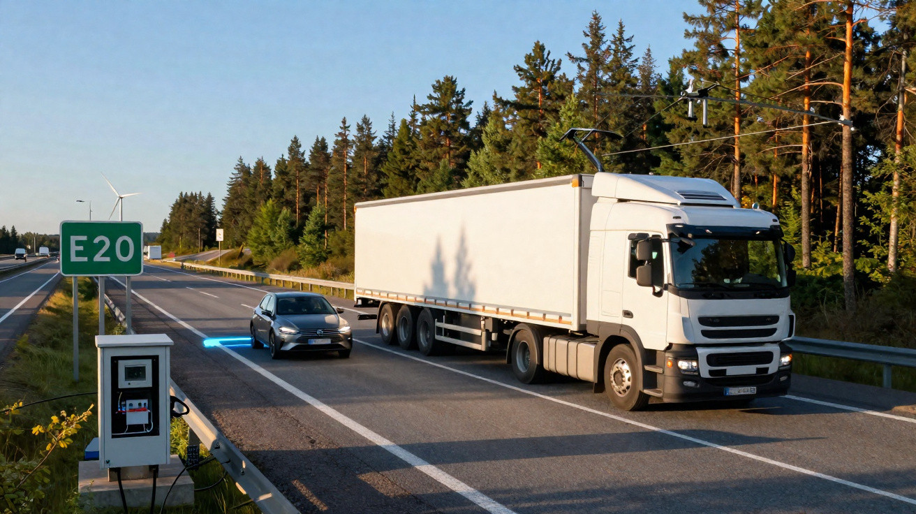 Caminhão e carro elétrico próximo a estação de recarga na rodovia E20 cercada por árvores.