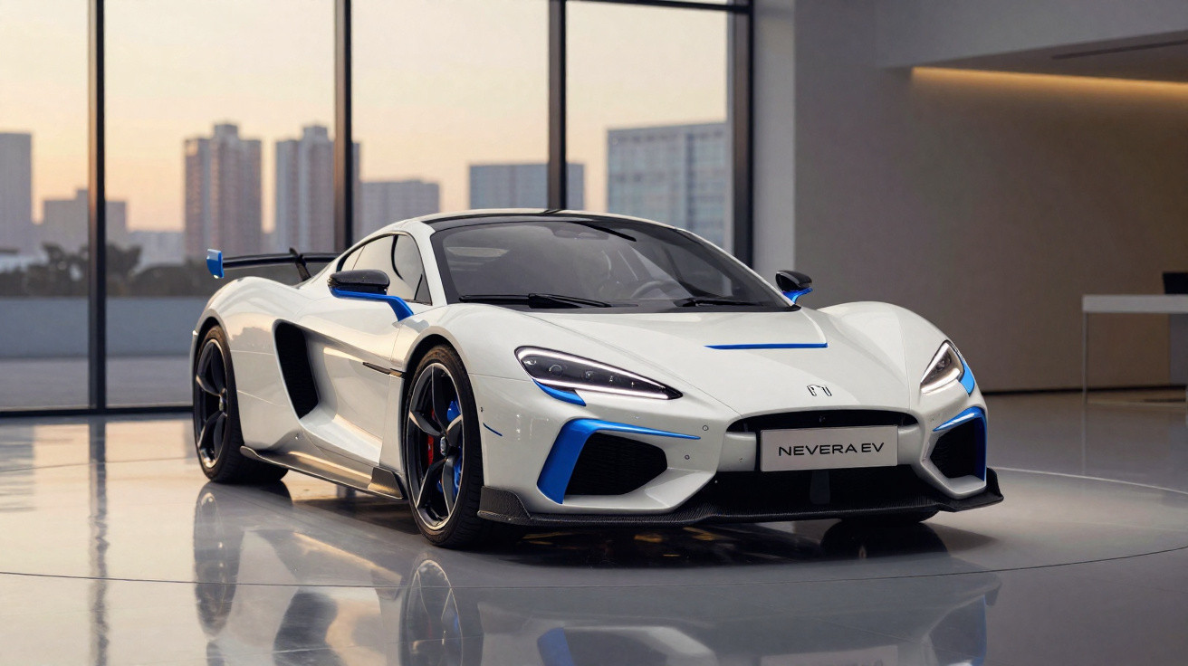 Carro esportivo elétrico branco com detalhes azuis em showroom moderno com vidro e edifícios ao fundo.