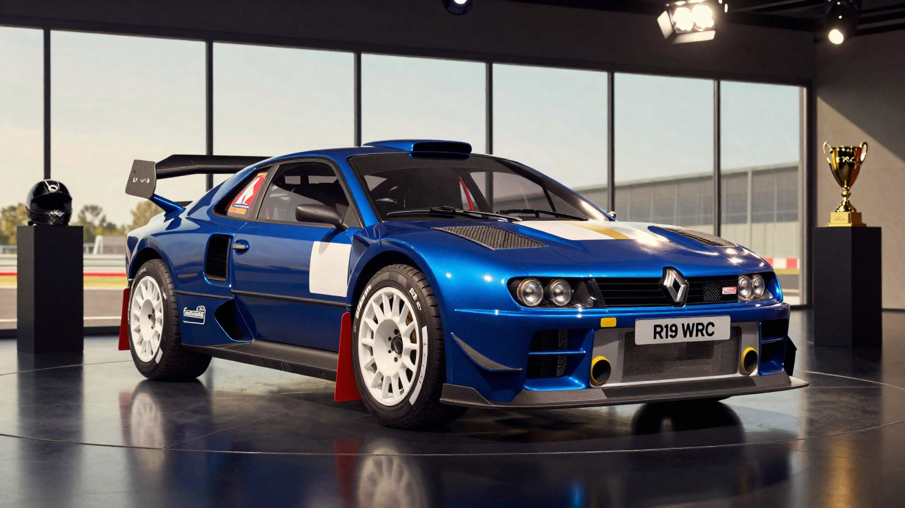 Carro de corrida Renault R19 WRC azul em exposição em ambiente interno com troféu ao fundo.