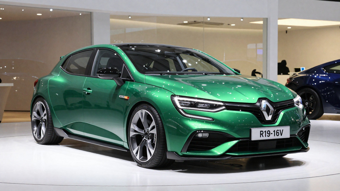 Carro esportivo hatchback verde metálico da Renault exibido em salão automotivo, frontal e lateral direita.