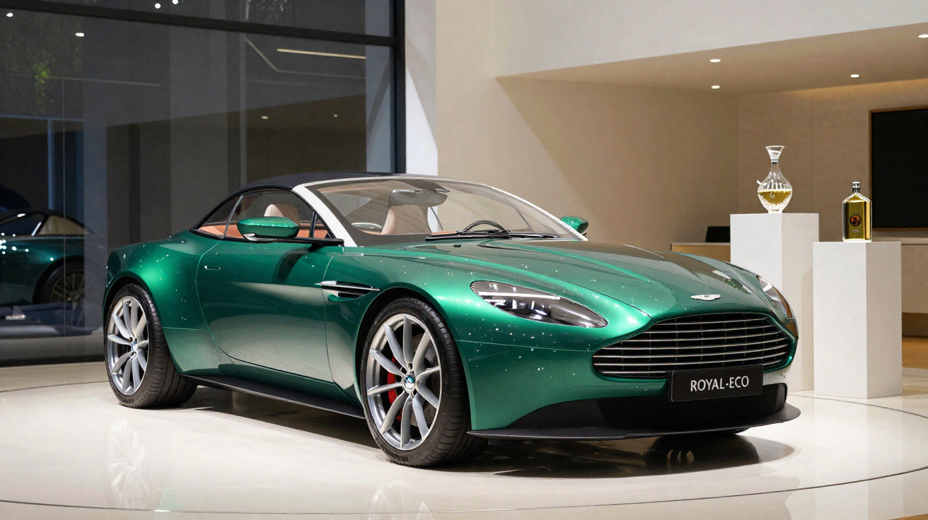 Carro conversível esportivo verde brilhante Aston Martin Royal-Eco exibido em salão moderno.
