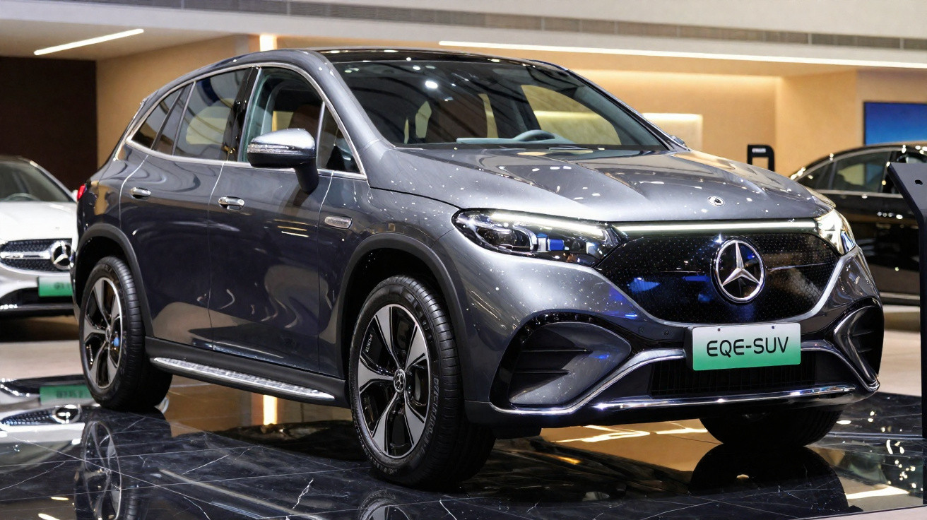 Carro elétrico SUV Mercedes-Benz EQE cinza em exposição interna com detalhes modernos e design aerodinâmico.