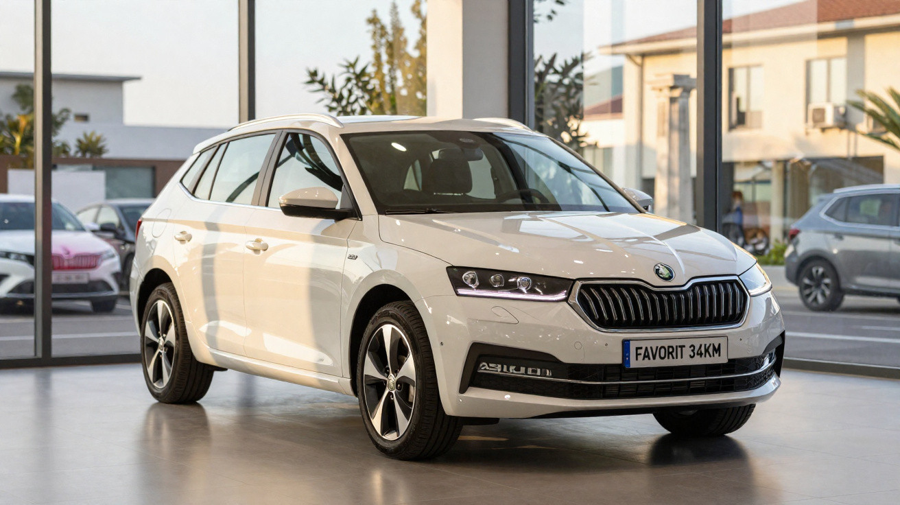 Carro branco modelo Skoda Favorit 34KM exibido em showroom com janelas de vidro ao fundo.