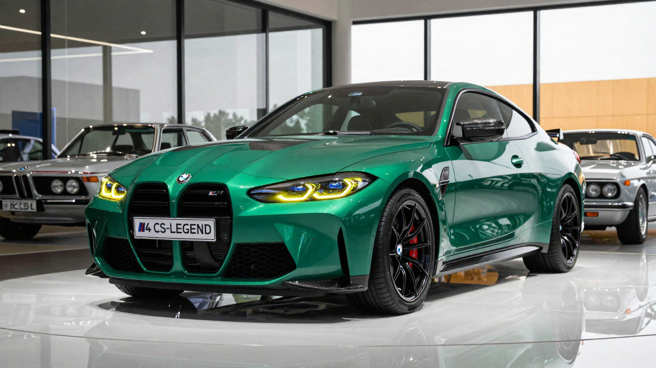 Carro esportivo BMW M4 verde com faróis amarelos, exposto em showroom com janelas grandes e outros carros ao fundo.