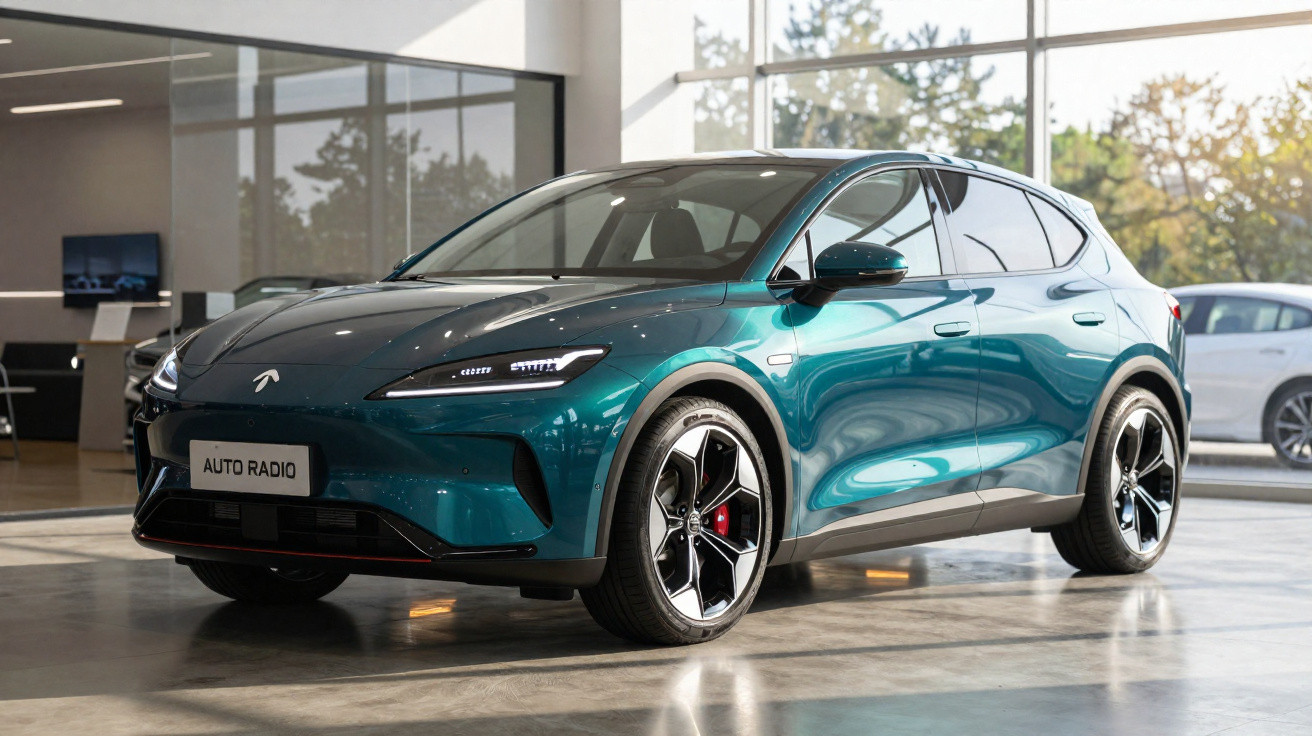 Carro elétrico SUV azul exibido em showroom moderno com janelas amplas e piso refletivo.