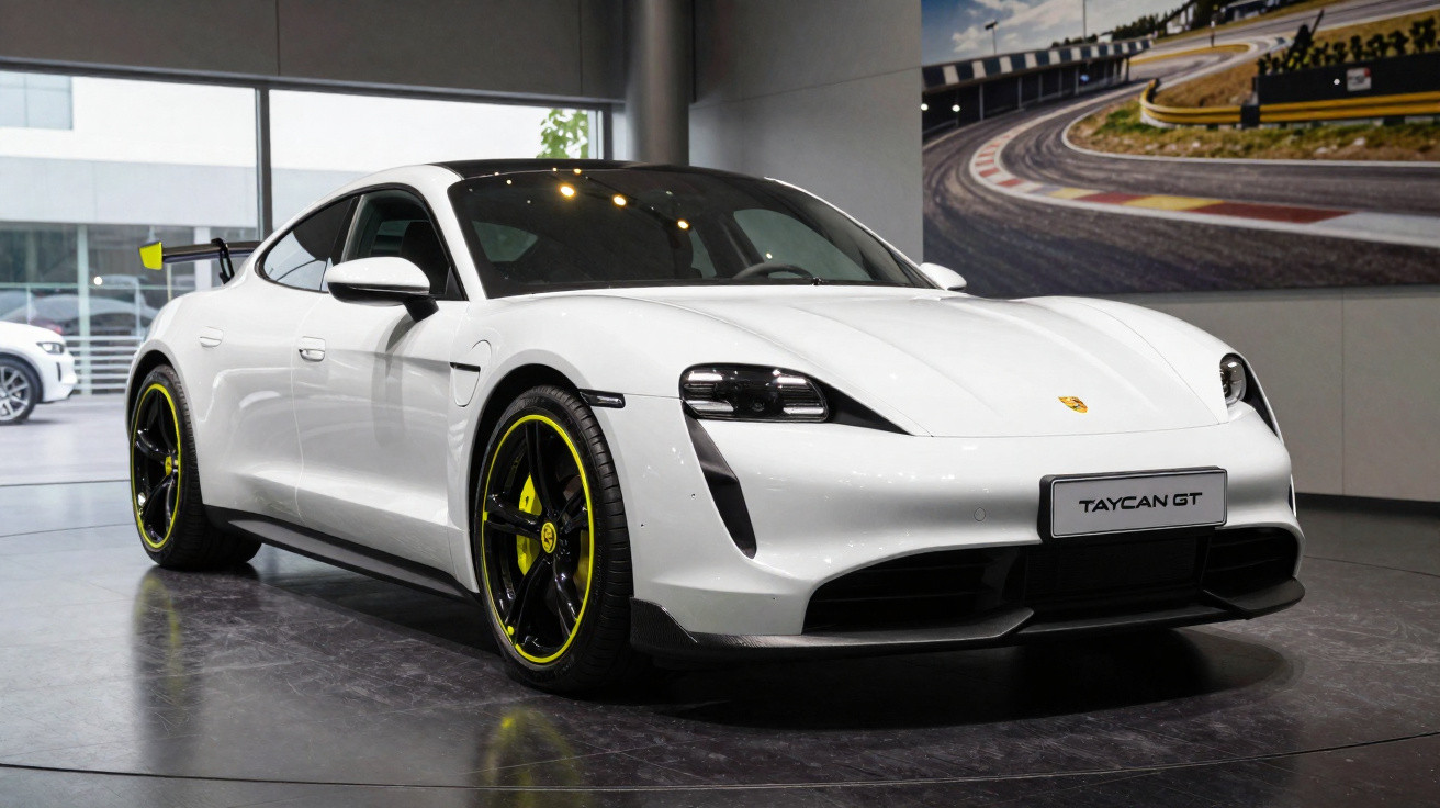 Carro esportivo Porsche Taycan GT branco exibido em salão com detalhes em amarelo nas rodas e freios.