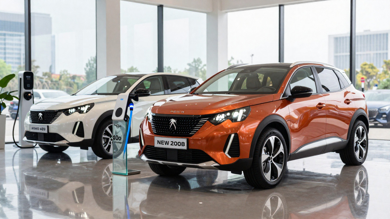 Dois carros Peugeot SUV em showroom, um branco e um laranja, perto de pontos de recarga elétrica.