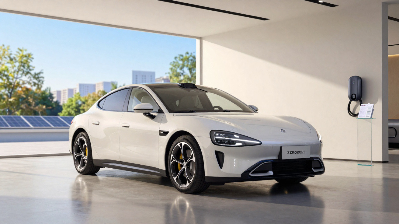 Carro elétrico branco estacionado em garagem moderna com carregador na parede, em ambiente urbano iluminado.