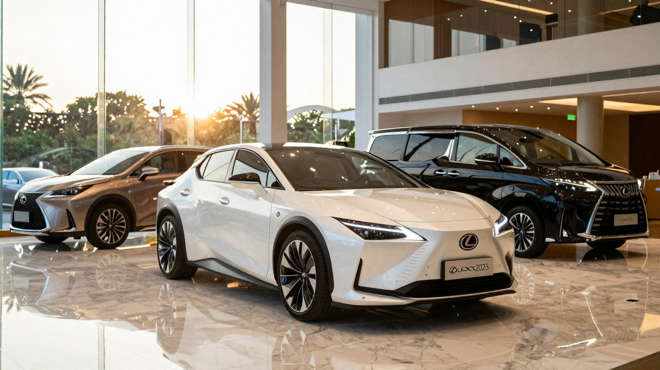 Três carros Lexus novos em exposição dentro de showroom com piso de mármore e paredes de vidro.