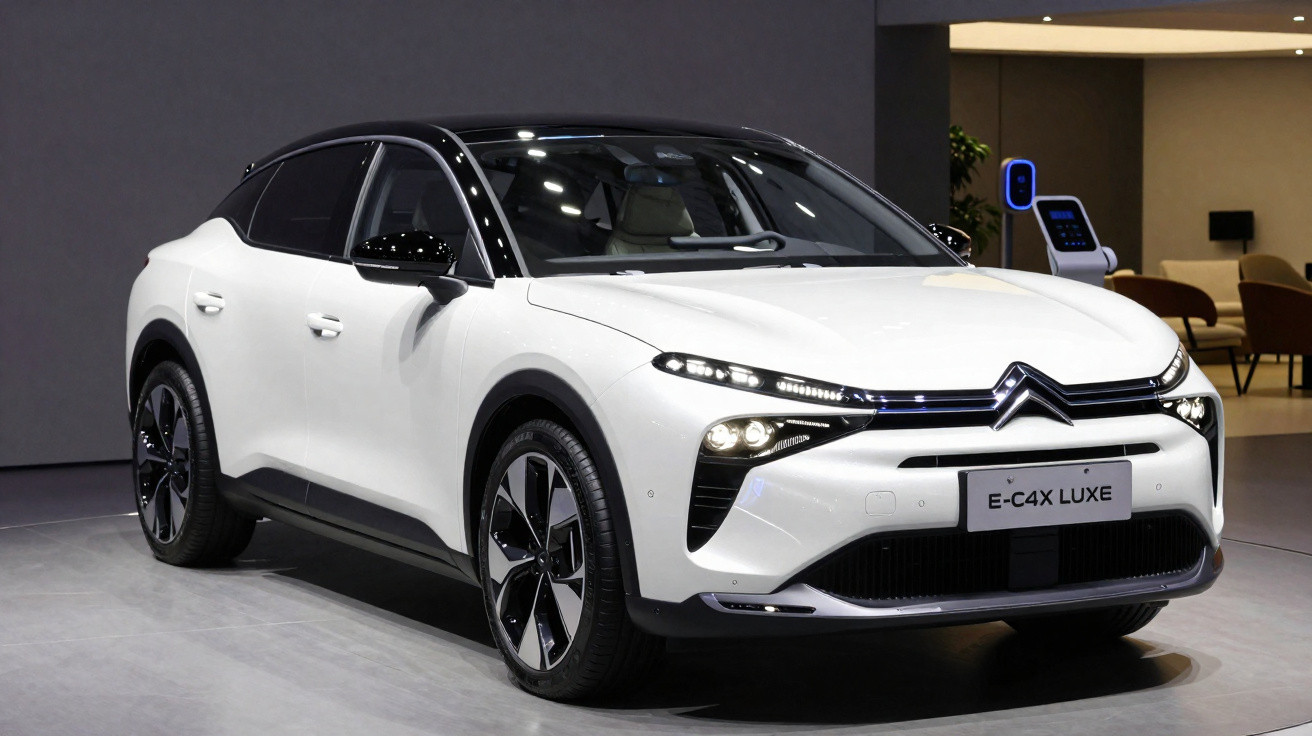 Carro elétrico branco Citroën E-C4X Luxe em exposição interna com iluminação destacando detalhes do veículo.