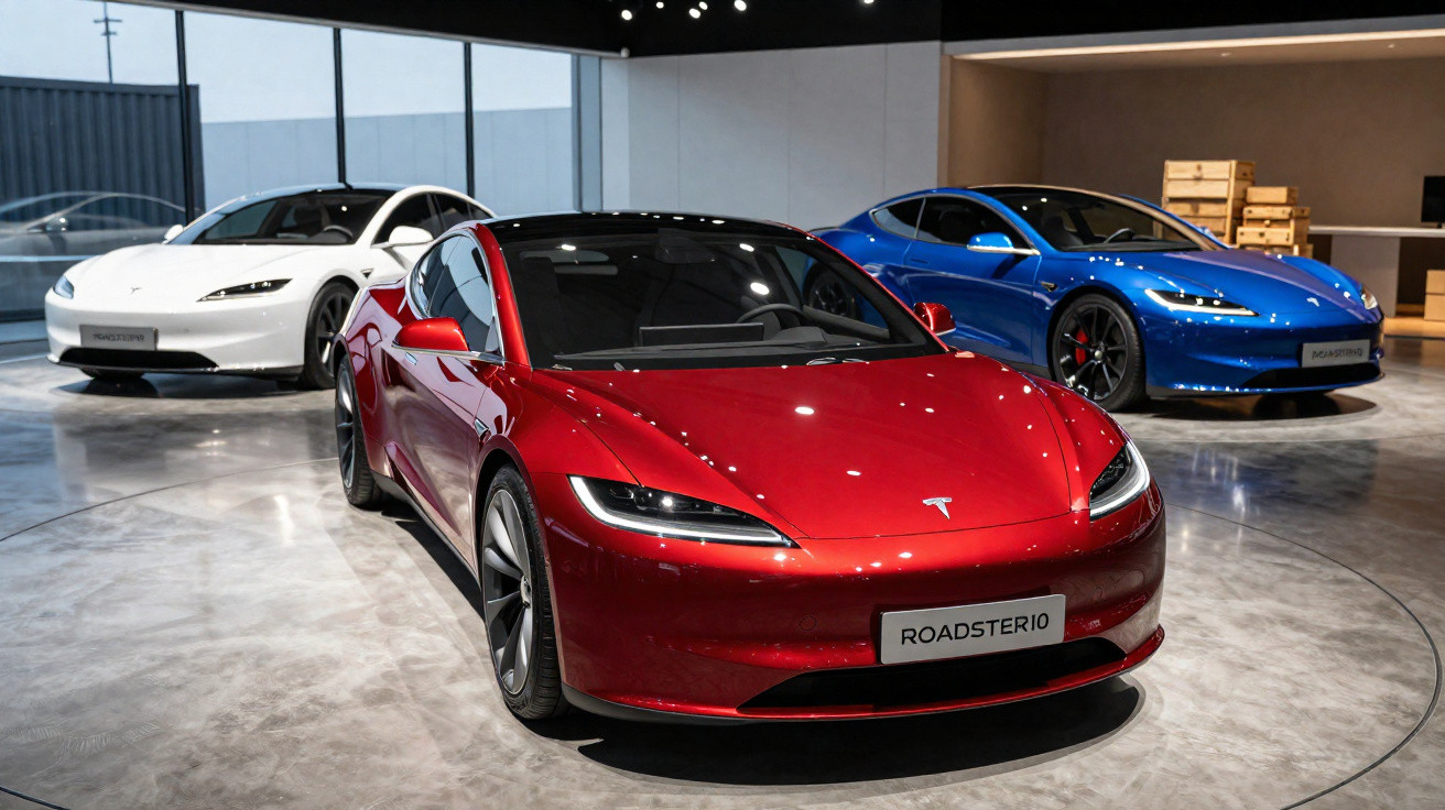 Três carros Tesla expostos em showroom, nas cores vermelho, azul e branco, com iluminação moderna.