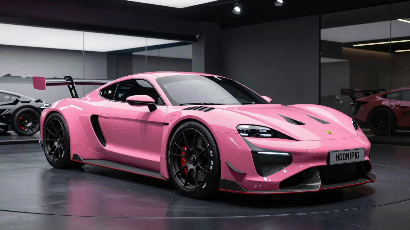 Carro esportivo Porsche 911 GT2 RS rosa em exposição com rodas pretas e aerofólio traseiro grande em garagem moderna.
