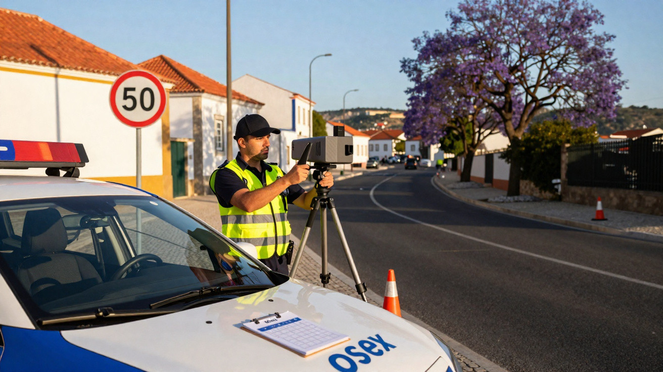 Policial com colete refletivo opera radar de velocidade próximo a carro da polícia em área urbana.